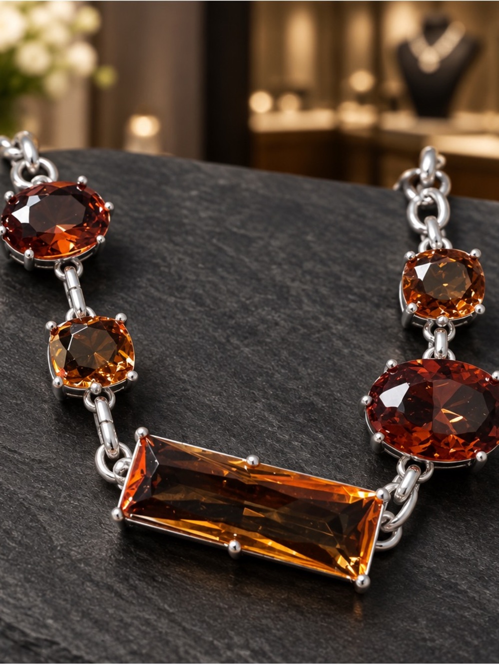 Avon Silver Necklace with Deep Amber and Cognac Stones